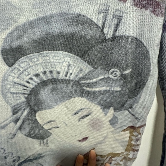 Y2K Lucky Brand Tattoo Print Long Sleeve Top Geisha Print Boho Grunge Size L - Picture 4 of 10